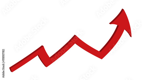 Red growing up curved arrow sign isolated on white background. Bar charts and graphs. Rising prices. Inflation concept. Finance and Economy. Market volatility. Financial planning and market. 3d effect