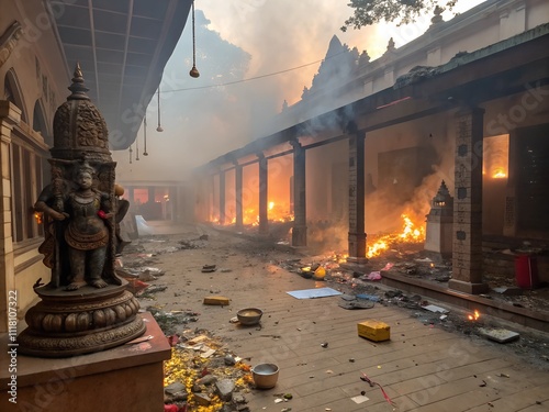 Fire and Smoke Erupt in Historic Building Interior Amid Destruction