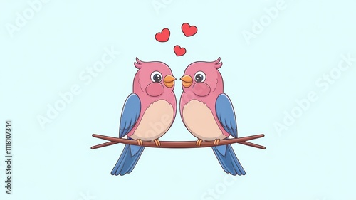 Two pink and blue birds showing love on a branch