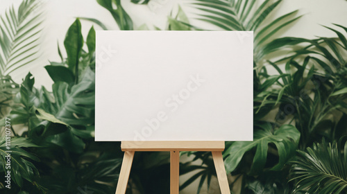 A blank, empty 24 x 18 inches signboard mockup placed on a wooden easel, set against a lush green garden-themed wedding backdrop. The soft green hues of the surrounding foliage complement the elegant photo