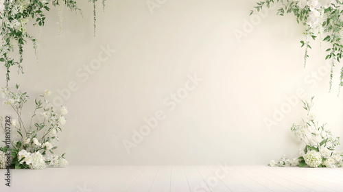 A 24 x 18 inches blank signboard mockup in the foreground, with a wedding venue decorated in shades of green and white. The backdrop features soft floral arrangements, trailing vines, and greenery,