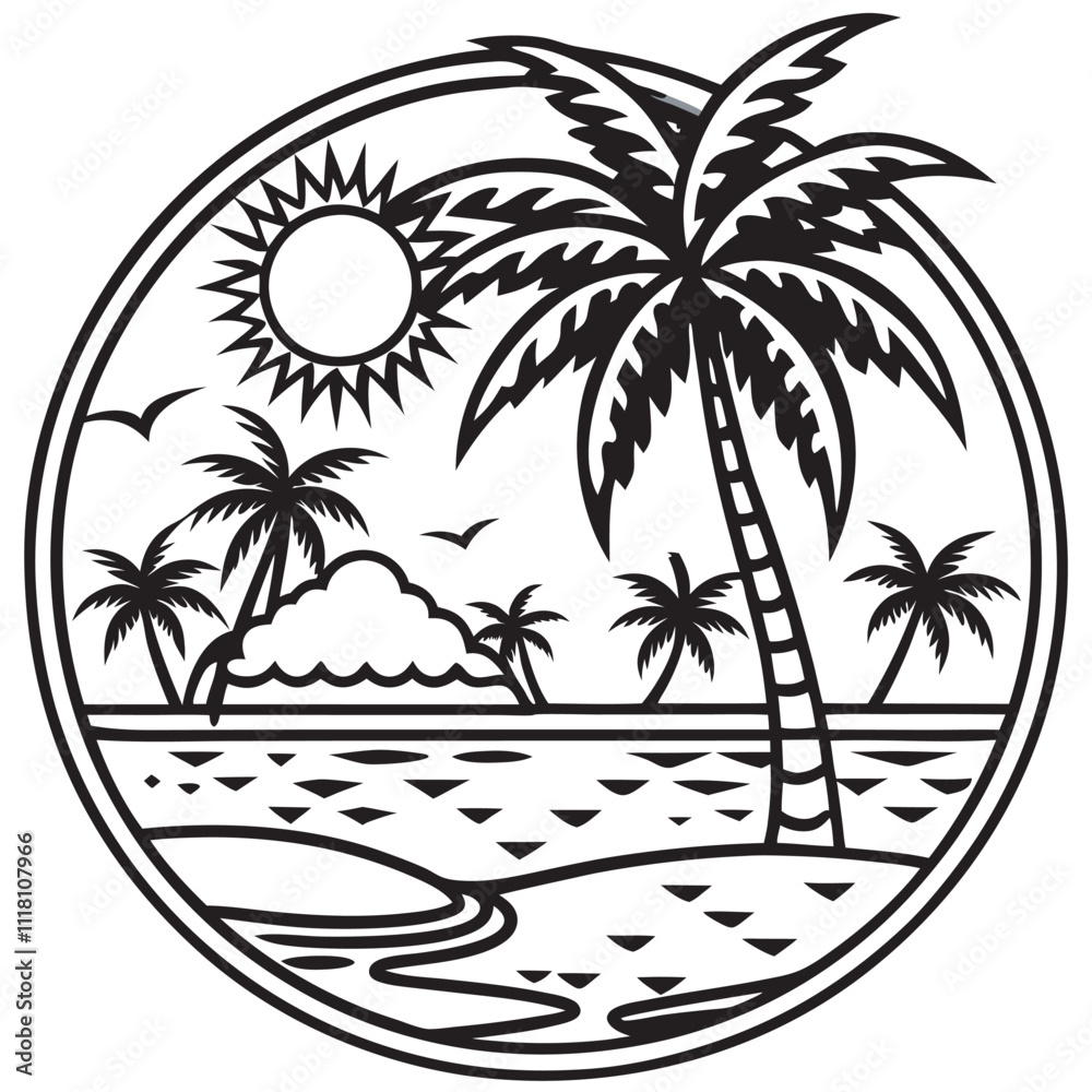 Fototapeta premium Summer sunset line art vector 
