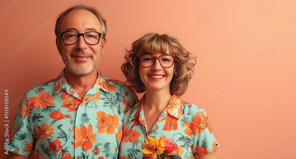Middl=aged couple with glasses in matching floral shirts against a plain background Middl=aged couple with glasses in matching floral shirts against a plain background
