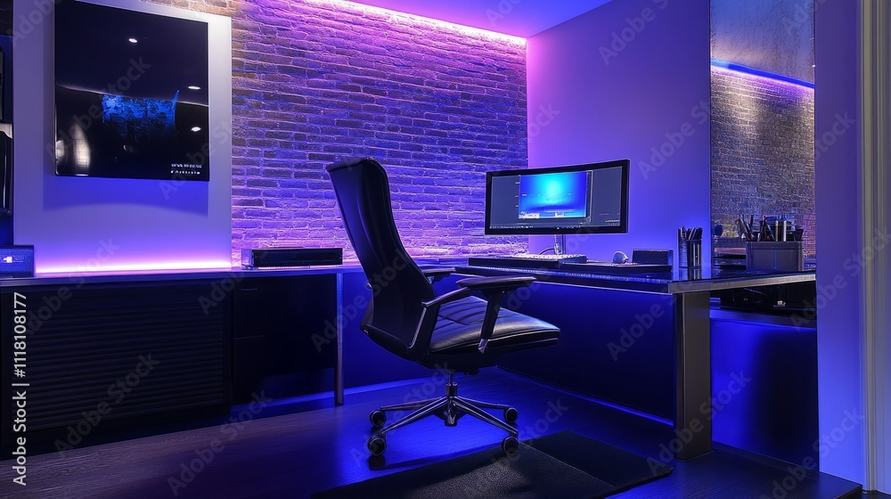 Home office with a black ergonomic chair, a sleek metal desk, and customizable ambient lighting for a tech-savvy vibe Home office with a black ergonomic chair, a sleek metal desk, and customizable ambient lighting for a tech-savvy vibe