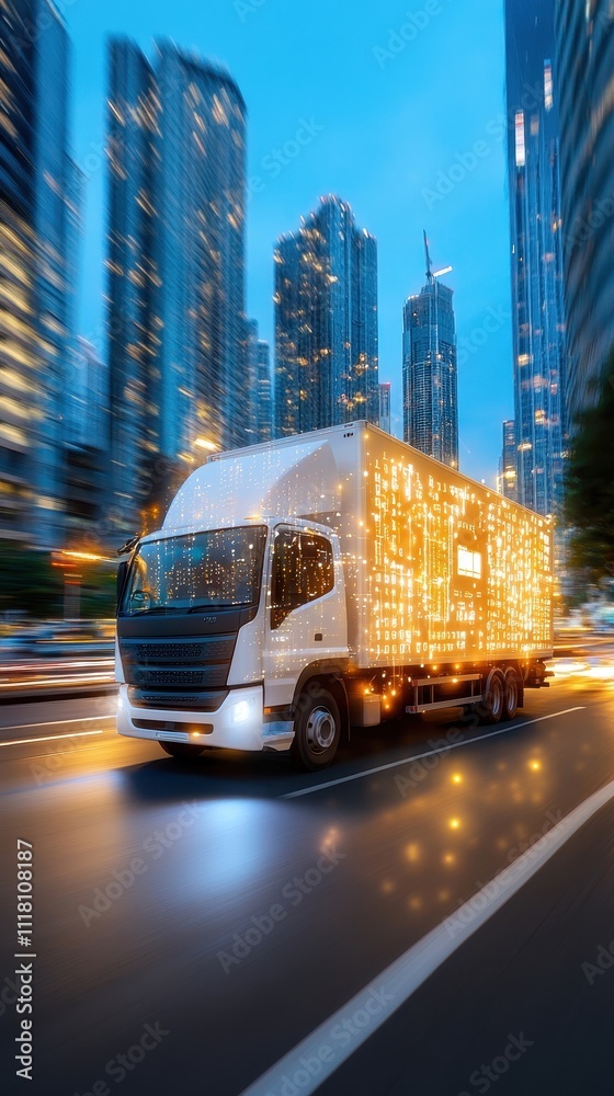 Fototapeta premium A delivery truck glowing with digital logistics data for faster delivery management