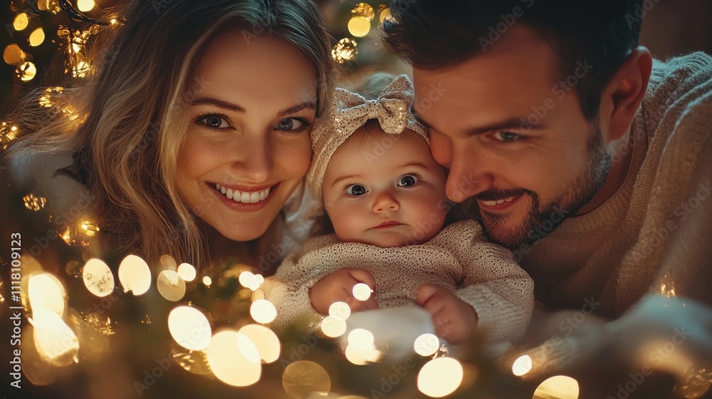 A playful family enjoys the festive spirit as they decorate together. The young couple smiles brightly, holding their baby, surrounded by twinkling lights creating a warm atmosphere A playful family enjoys the festive spirit as they decorate together. The young couple smiles brightly, holding their baby, surrounded by twinkling lights creating a warm atmosphere