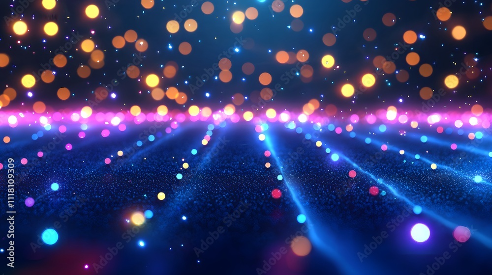 Abstract Colorful Bokeh Lights with Glowing Particles on Dark Blue Background Abstract Colorful Bokeh Lights with Glowing Particles on Dark Blue Background
