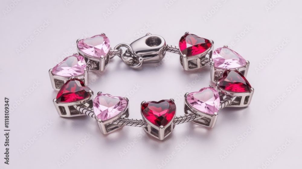 Silver bracelet with pink and red heart-shaped gems on white background Silver bracelet with pink and red heart-shaped gems on white background