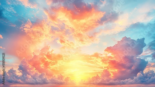 A vibrant sunset casts warm hues across fluffy clouds, creating a tranquil and picturesque sky.