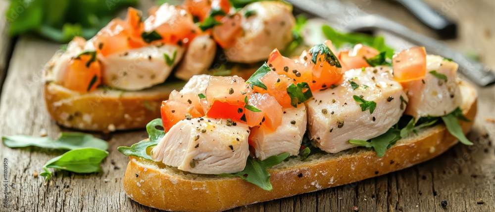 Fresh bruschetta topped with diced salmon, tomatoes, and herbs on toasted bread, served on a rustic wooden surface. Fresh bruschetta topped with diced salmon, tomatoes, and herbs on toasted bread, served on a rustic wooden surface.