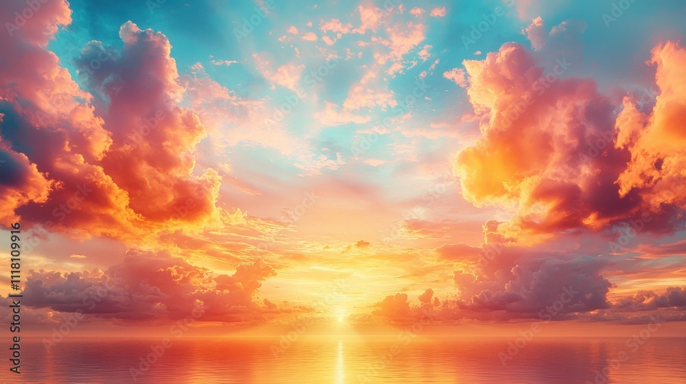 A vibrant sunset over calm waters, painted with hues of orange, pink, and blue, surrounded by fluffy clouds, creating a serene and picturesque atmosphere. A vibrant sunset over calm waters, painted with hues of orange, pink, and blue, surrounded by fluffy clouds, creating a serene and picturesque atmosphere.