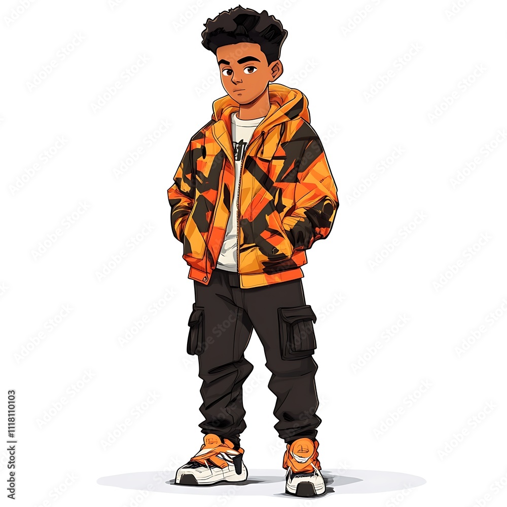 Cartoon teenage boy in a bold print jacket and cargo pants on a white background Cartoon teenage boy in a bold print jacket and cargo pants on a white background