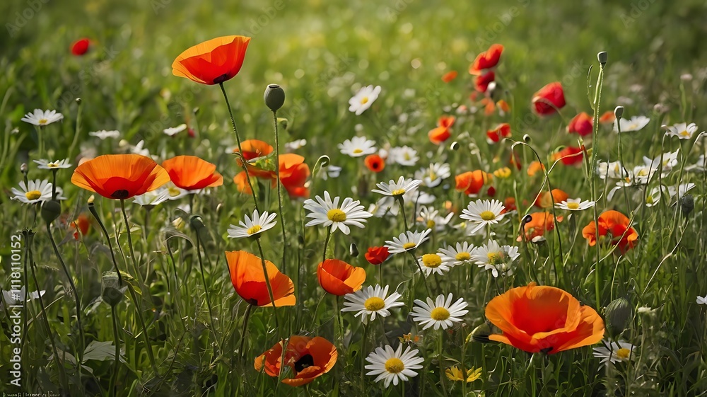 Obraz premium Vivid Orange Poppies and Daisies in a Sunny Field