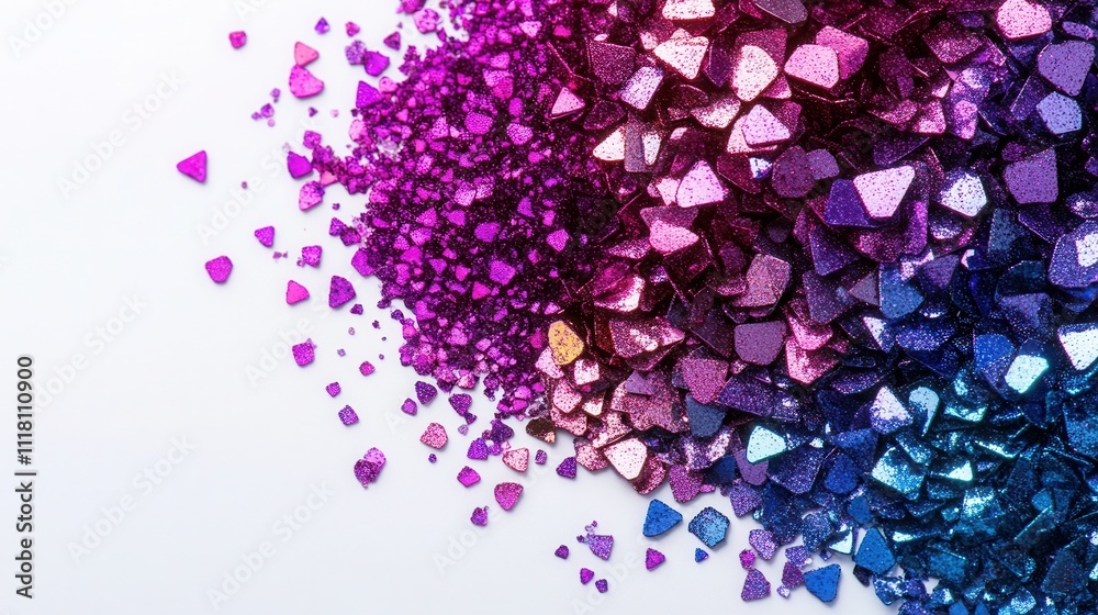 Fototapeta premium a pile of iridescent glitter scattered across a bright white background, sparkling in multiple colors