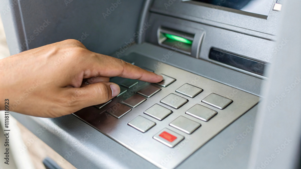 person using ATM to withdraw cash, focusing on keypad person using ATM to withdraw cash, focusing on keypad