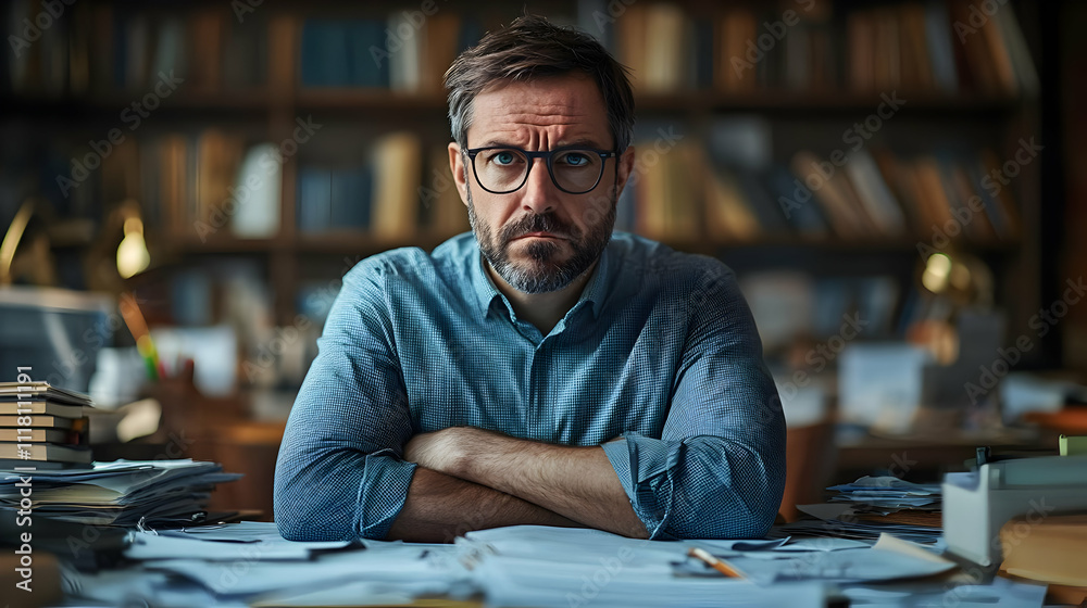 Overworked Employee concept as Business professional overwhelmed with paperwork sitting at cluttered desk feeling stressed and fatigued on Blue Monday for magazine advertisement banner. in Photo Stoc Overworked Employee concept as Business professional overwhelmed with paperwork sitting at cluttered desk feeling stressed and fatigued on Blue Monday for magazine advertisement banner. in Photo Stoc