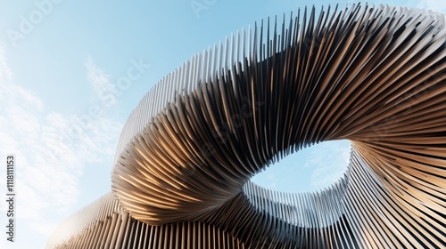 Abstract architectural structure with swirling wooden slats against a bright blue sky.