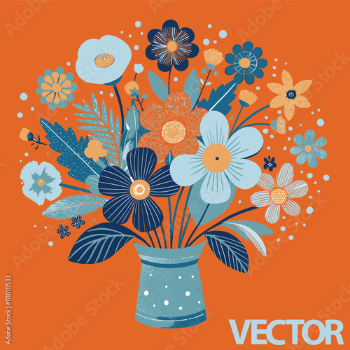 bouquet of flowers in vase. Elegant vector bouquet in bright orange and blue tones, placed in a stylish vase. Ideal for decoration