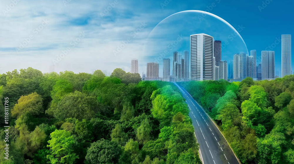 Fototapeta premium A solitary car travels along a winding road through a lush green forest, with the Earth as a backdrop. This aerial view symbolizes humanity's interconnectedness with nature and the importance of susta