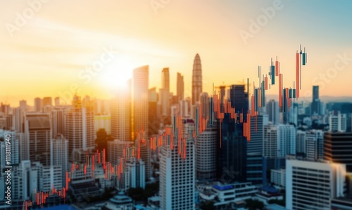 Urban Skyline with Financial Graph at Sunset Over City Landscape