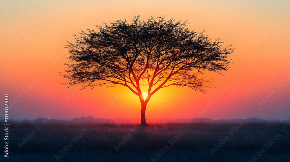 Plain gradient sunset background with a single silhouetted tree symbolizing realization and epiphany with copy space concept as A plain gradient sunset background featuring a single silhouetted tree s Plain gradient sunset background with a single silhouetted tree symbolizing realization and epiphany with copy space concept as A plain gradient sunset background featuring a single silhouetted tree s