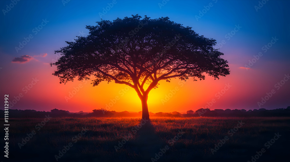 Plain gradient sunset background with a single silhouetted tree symbolizing realization and epiphany with copy space concept as A plain gradient sunset background featuring a single silhouetted tree s Plain gradient sunset background with a single silhouetted tree symbolizing realization and epiphany with copy space concept as A plain gradient sunset background featuring a single silhouetted tree s