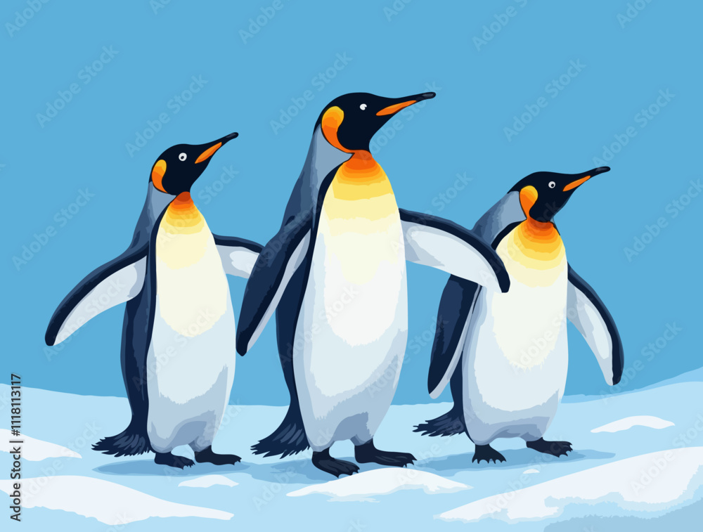 Fototapeta premium Vector illustration of three king penguins in the snow with frost, on blue background