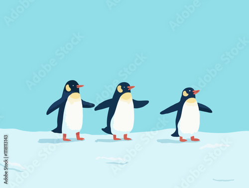 Vector illustration of three king penguins in the snow with frost, on blue background