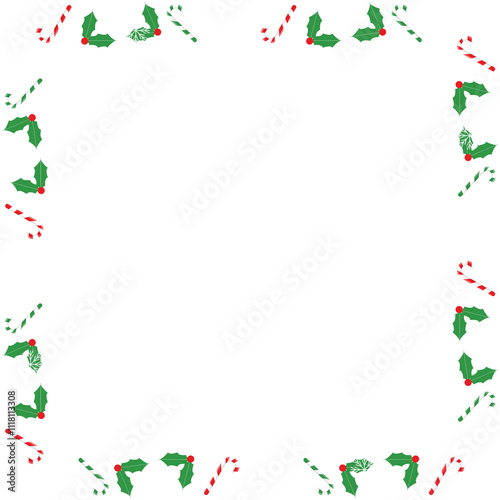 Christmas frame.Xmas border with sugar cane, snow flakes, holly leaf.Colorful garland for festive season, happy new year.