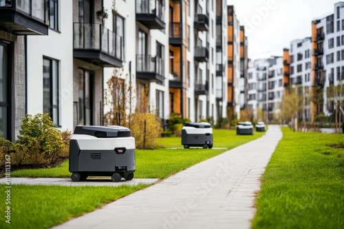 The innovation in urban logistics is evident as autonomous delivery robots navigate the sidewalks of smart cities. #1118113367