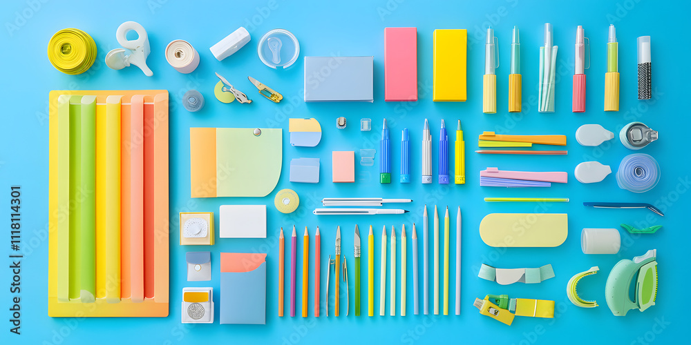 Obraz premium Assorted stationery items on blue background