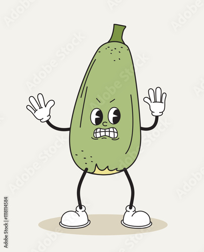 Squash retro character. Fictional character for cartoons. Toy and mascot. Natural and fresh vegetable. Sticker for messengers. Flat vector illustration