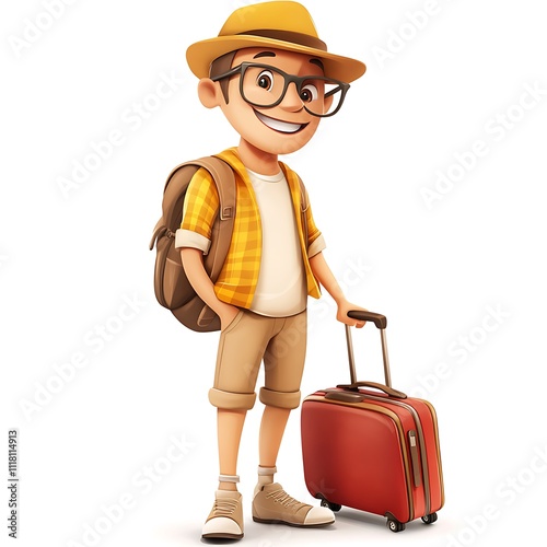 Cartoon holidaymaker with a suitcase on a white background photo