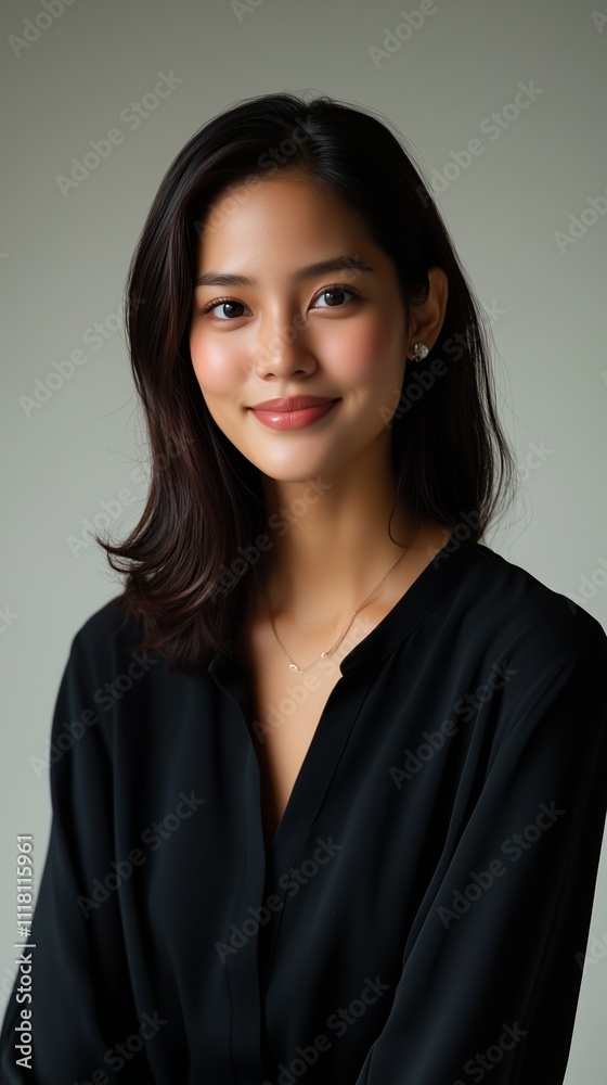 Young woman smiling softly in a minimalist setting with a neutral background during daytime Young woman smiling softly in a minimalist setting with a neutral background during daytime