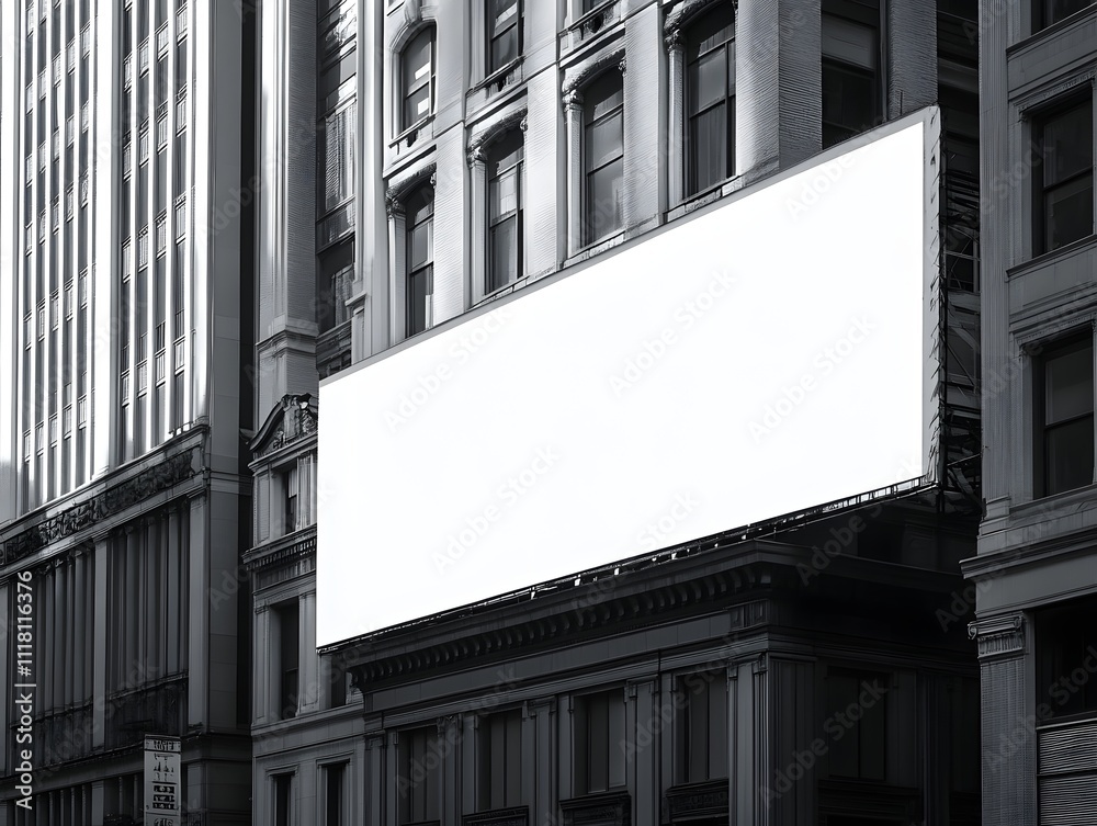 Blank Billboard on Urban Building Facade in Monochrome Blank Billboard on Urban Building Facade in Monochrome