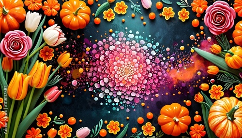 Background for the thanks giving  with different decorations and floral pattern photo