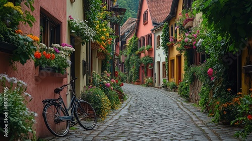  Quiet cobblestone street in old European village lined with pastel-colored buildings, flower boxes, bicycle, and wrought-iron lamppost. photo