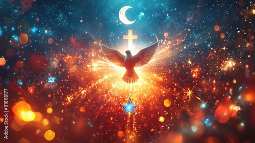  Artistic blend of dove flying above cross, crescent moon, and Star of David, surrounded by vibrant light rays, symbolizing interreligious unity. photo
