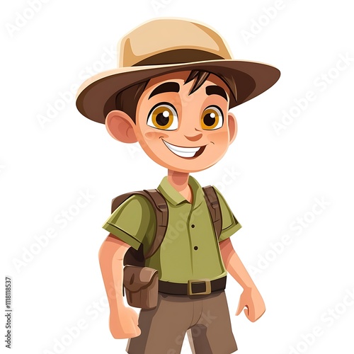 Cartoon safari tourist with a hat on a white background