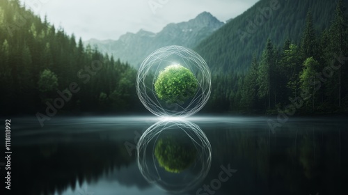 A tree is floating in a lake with a reflection of itself