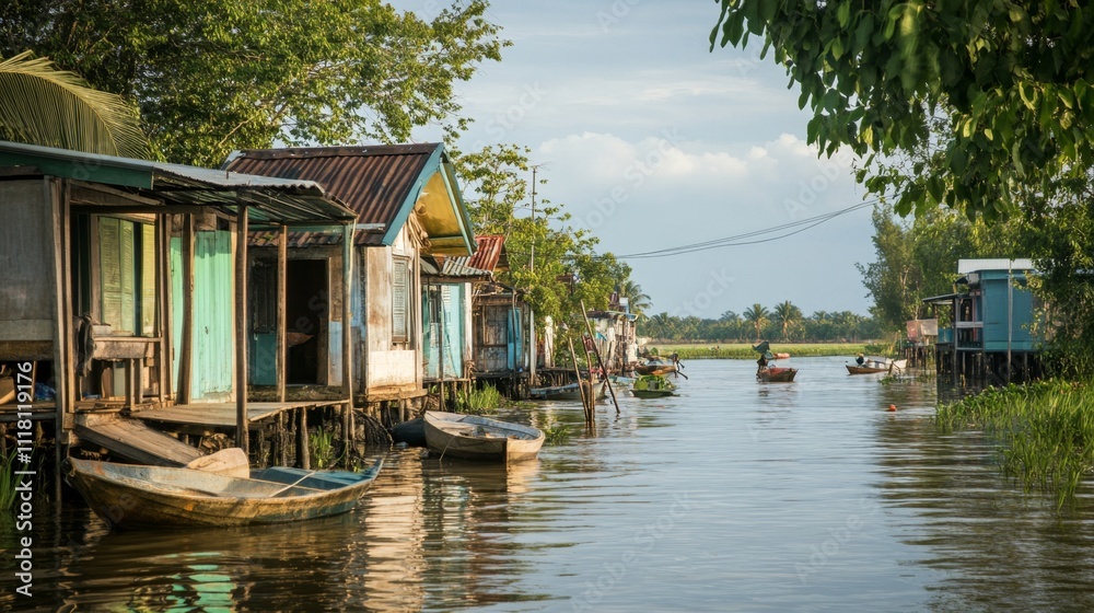Picturesque Riverside Village with Colorful Homes Picturesque Riverside Village with Colorful Homes
