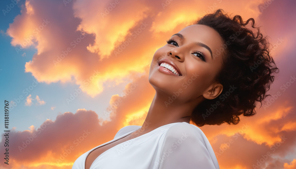 Sunset lit clouds behind black woman in white dress Sunset lit clouds behind black woman in white dress