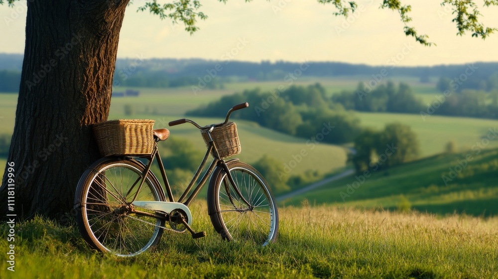 Obraz premium Vintage bicycle leaning against a tree in a scenic rural landscape with a glowing sunset