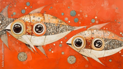 Colorful abstract fish swimming against an orange background, showcasing whimsical design. photo