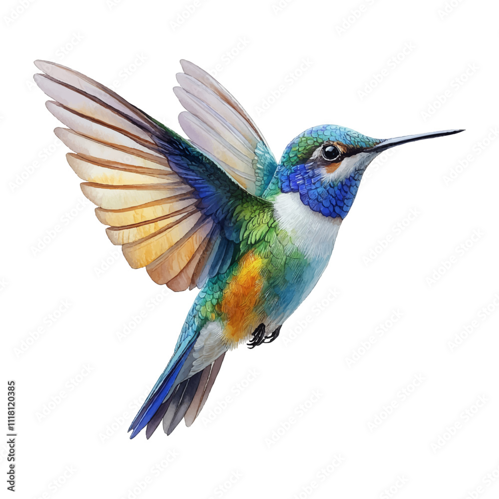 Fototapeta premium Watercolour Illustration of a Vibrant Hummingbird in Flight with Colourful Feathers and Delicate Wings, on isolated transparent background, png