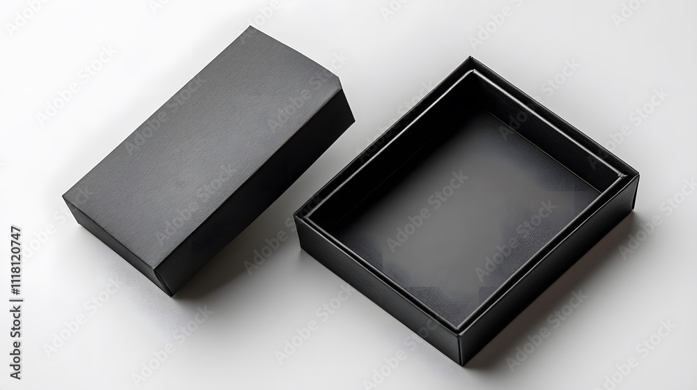 Minimalist product photography featuring black paper boxes on white background, showcasing both closed and open empty boxes with studio lighting and clean composition. Minimalist product photography featuring black paper boxes on white background, showcasing both closed and open empty boxes with studio lighting and clean composition.