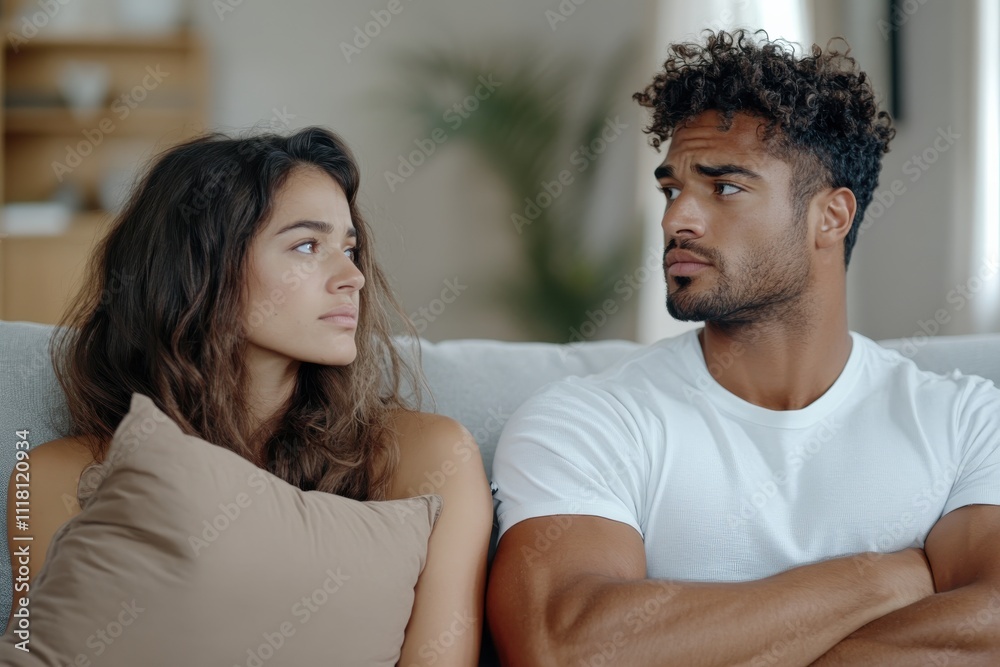Obraz premium This image captures a couple on a couch, looking away from each other, suggesting a moment of disagreement or contemplation in their relationship dynamics.