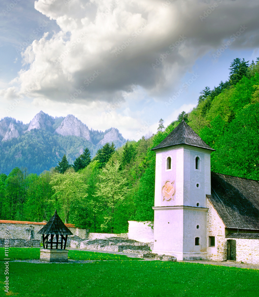 The Red Monastery, ancient chapel in Red Cloister complex (slovak: Cerveny klastor) in Slovakia. The Red Monastery is situated in mountains close to the village of the same name.