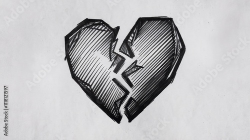 Broken heart representing sadness and unrequited love drawn on white paper