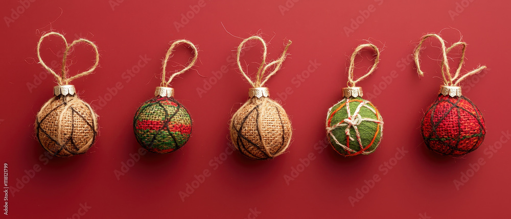 A festive display of five colorful, patterned Christmas ornaments on a rich red background, showcasing holiday cheer and decoration. A festive display of five colorful, patterned Christmas ornaments on a rich red background, showcasing holiday cheer and decoration.